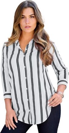 Roaman's Plus Size Kate Long Sleeve Easy Cotton-Blend Button-Front Shirt in White Black Stripes at Nordstrom, Size 34