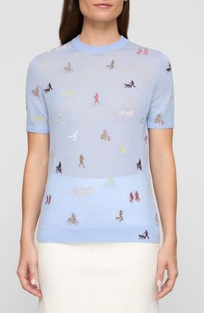 Lafayette 148 New York New York Embroidered Cashmere Sweater in Skyline Blue Multi at Nordstrom, Size X-Large