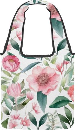 Generic Pink Flowers with Leaves Reversible Canvas Shoulder Tote - Double-Sided Print, 12oz Cotton, 27cm Drop, Fold-Flat Bag for Travel, Shopping, Street Outi