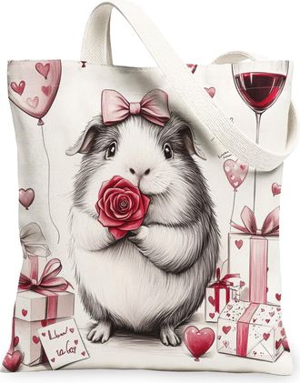Generic Valentines Day Guinea Pig Canvas Tote Bag for Shopping 13x15, Fun Vintage Animal Lover Reusable Grocery Print Pattern Bag for Women, Holiday Beach Aes