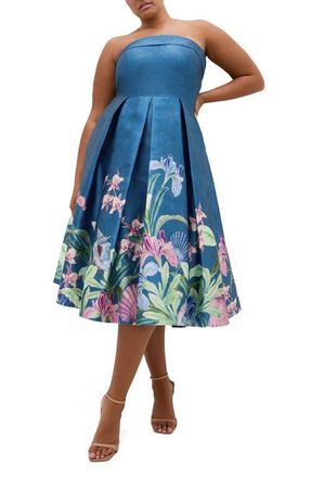 City Chic Tiffany Bloom Strapless Fit & Flare Dress in Sea Art at Nordstrom, Size Xxxs