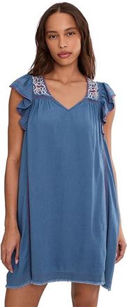 Liverpool L.A. Flutter Sleeve V-Neck Woven Dress Womens Dress Slate Blue With Embroidery : XS, Linen/Viscose