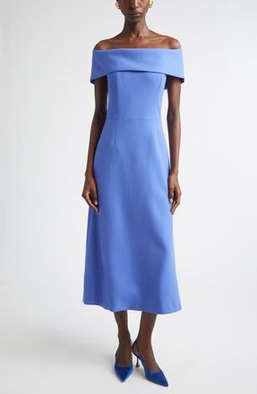 Carolina Herrera Off the Shoulder Stretch Wool Midi Dress in Bluebell at Nordstrom, Size 10