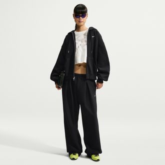 Nike Womens Studio Fleece Heavyweight Oversized Pleated High-Rise Open-Hem Pants in Black | IM8092-001