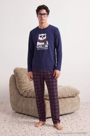Trendyol MAN Heren Donkerblauw Geruit Lang, Regular fit Pyjama- Sets