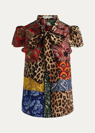 Alice & Olivia Jeannie Printed Silk Pussy-Bow Shirt