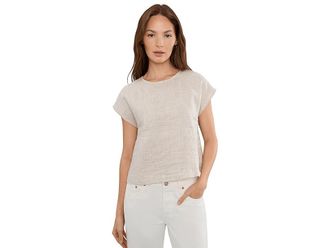 Eileen Fisher Petite Striped Organic Linen Sheen Round Neck Top Womens Clothing Wheat : SM, Linen/Nylon