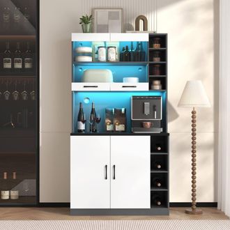 Matteo Modern Kitchen Tall Cabinet - LED Lighting, Microwave Space in White