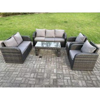 Fimous 7 Seater Dark Grey pe Wicker Rattan Garden Furniture Set Reclining Chair Love Seat 3 Seater Sofa Set Outdoor Rectangular Coffee Table - Fimous