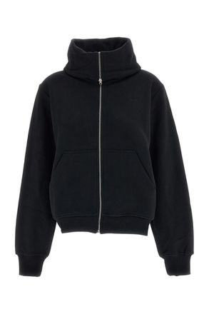 7 For All Mankind Black Cropped High-Neck Cotton Zip-Up Sweatshirt