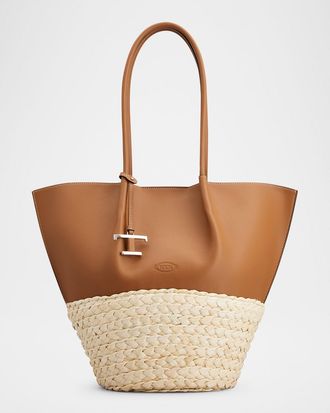 Tod's Bux Medium Leather & Woven Leaf Shopping Tote Bag