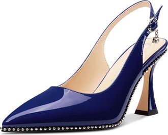 Castamere Womens Slingback Kitten Heel Close Pointed Toe Pumps Court Shoe Chunky Wedding Party Dress Shoes 9 CM Heels Navy Blue 3.5 UK
