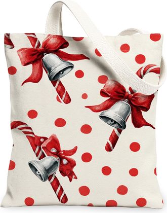 Generic Festive Canvas Tote Bags, Bell and Bow Pattern Reusable Grocery Bags, Polka Dot Lightweight Washable Shoulder Strap Canvas for Travel Shopping 13x15 I
