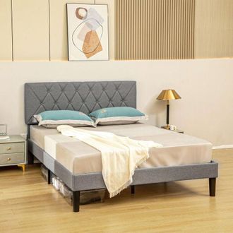HOMCOM Double Bed Frame with 5-Level Adjustable Linen Headboard - Homcom