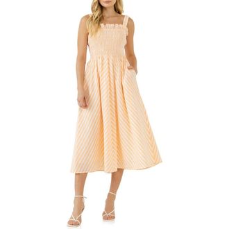 English Factory Stripe Smocked Midi Sundress in White/coral at Nordstrom Rack, Size X-Small