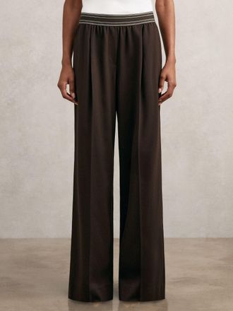 Reiss Chocolate Brown Petite Wide-leg Contrast-waistband Trousers, 12