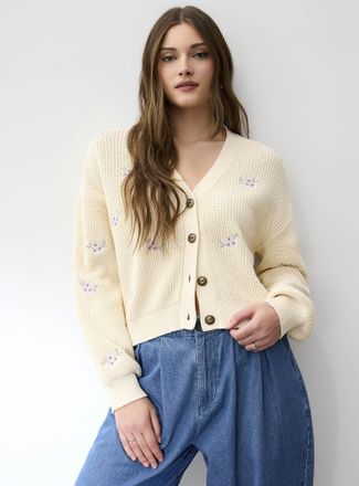 Icone Womens Embroidered flowers cropped Cardigan Sweater