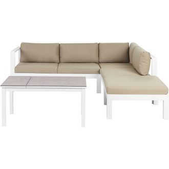 Beliani Set da giardino divano 5 posti e tavolo elevabile con struttura bianca e piano in vetro e cuscini beige Messina