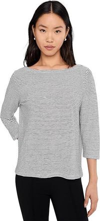 Eileen Fisher Striped Organic Linen Jersey Bateau Neck 3/4 Sleeve Top Womens Clothing White Black : XS