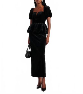 Self Portrait Velvet Peplum Midi Dress In Black