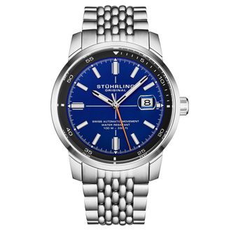 St&uuml;hrling Mens Trackmaster 1026 Automatic Mens 42mm - Blue Stainless Steel - One Size