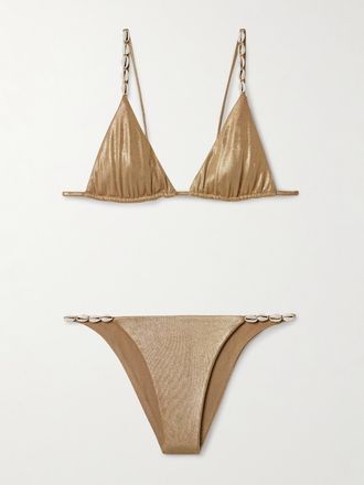 Sara Cristina Bikini A Triangolo Metallizzato Con Decorazioni Cowries - Oro
