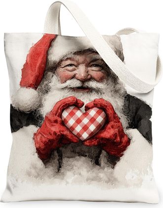 Generic Holiday Canvas Tote Bags, Festive Santa Claus Design Reusable Shopping Bags, Merry Merry Christmas Lightweight Washable Can, White, 13x15 Inch