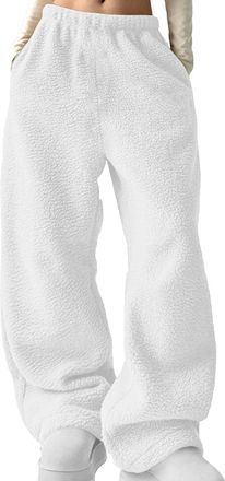 Generic Women Fuzzy Pants Comfy Winter Warm Fleece Pj Bottoms Plush Wide Leg Lounge Trousers Pajama Pants Fluffy Sweatpant White