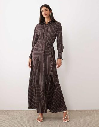 Mango Vestito lungo marrone a righe con dettaglio stile camicia