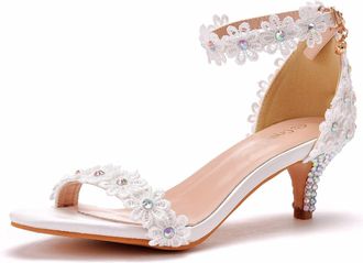Generic White,5.5 UK,Womens Low Kitten Heel Pumps Ankle Strap Peep Open Toe Heeled Sandals Lace Pearl Wedding Party Dressy Shoes