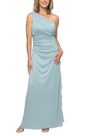 Alex Evenings One-Shoulder Glitter Mesh Gown in Ice Sage at Nordstrom, Size 16