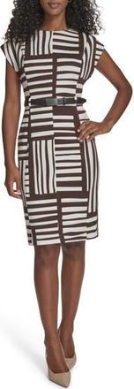 Calvin Klein Stripe Cap Sleeve Belted Sheath Dress in Coffee Bean/Cream at Nordstrom Rack, Size 14