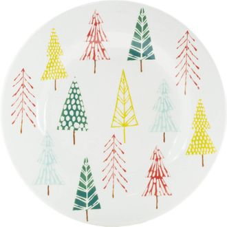 Melrose International Ceramic Pine Tree Print Plate (Set of 4) - White, Green, Red