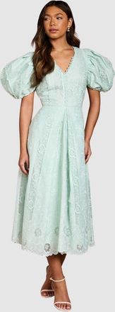 Coast Lace Puff-Sleeve V-Neck Midi Dress in Mint at Nordstrom, Size 14