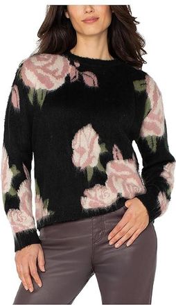 Liverpool L.A. Long Sleeve Crew Neck Dropped Shoulder Sweater Womens Sweater Black Floral Mult : XS, Polyester/Spandex/Wool