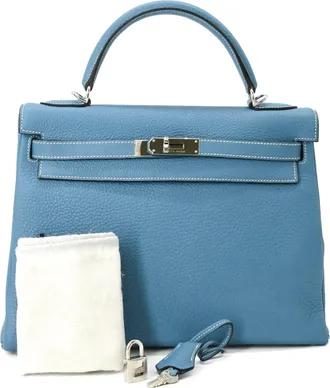 Herm&egrave;s Blue Jean Taurillon Clemence Leather Handbag Tote Bag (Pre-Owned)