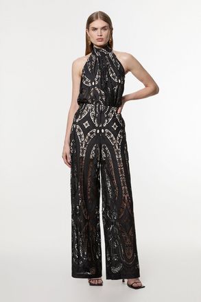 Karen Millen Womens Sheer Georgette Cutwork Woven Wide Leg Trouser - Black - Size 10 UK