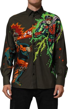 Dolce & Gabbana Mens Green Superhero Print Button Down Shirt Brown