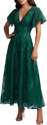 Mac Duggal Flutter Sleeve Faux Wrap V Neck Embellished Tea Length Dress in Emerald at Nordstrom, Size 12