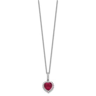 Diamond2Deal Sterling Silver Rhodium-plated Lab Created Ruby and CZ Heart Halo Pendant Necklace