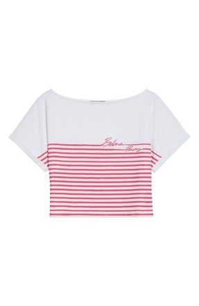 Balmain Marini&egrave;re Stripe Crop Logo T-Shirt in White/Fuschia at Nordstrom, Size X-Small