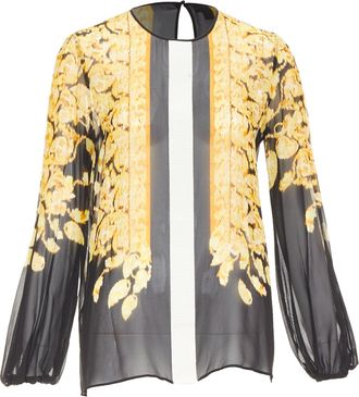 Giambattista Valli silk gold black grosgrain print sheer chiffon blouse IT38 XXS