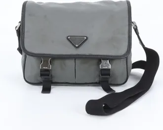 Prada Black Gray Leather Nylon Messenger Bag Shoulder Bag (Pre-Owned)