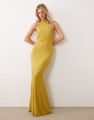 Asos Vestito lungo a sirena accollato in chiffon elasticizzato verde con scollo a vogatore e godet diviso in due parti