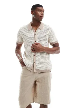 Lee knit polo in cream/beige stripe-Neutral