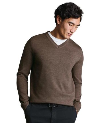 CHARLES TYRWHITT Merino V-Neck Sweater in Mocha at Nordstrom, Size Xxx-Large