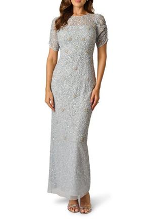 Adrianna Papell Ruched Sleeve Beaded Gown in Glacier at Nordstrom, Size 12