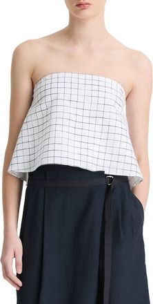 Vince Linen-Blend Trellis Plaid Tie Top