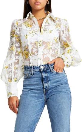 River Island Floral Print Organza Burnout Shirt in Yellow at Nordstrom Rack, Size 2 Us / 6 Uk