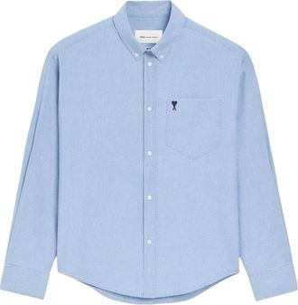 Ami Boxy Relaxed Fit Blue Shirt with Button-Down Collar